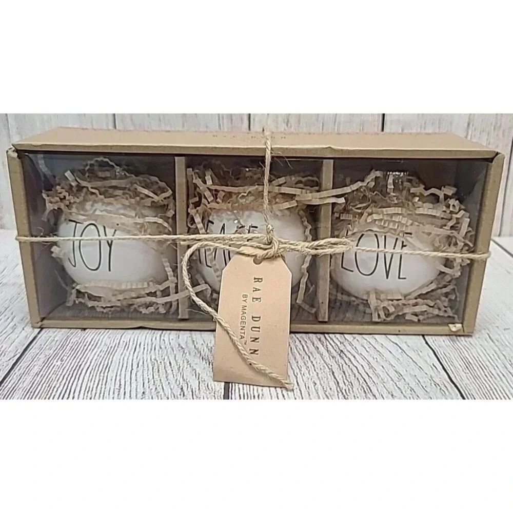 Rae Dunn Magenta Round Ceramic Ornament Set Of 3 Joy Peace Love New In The Box